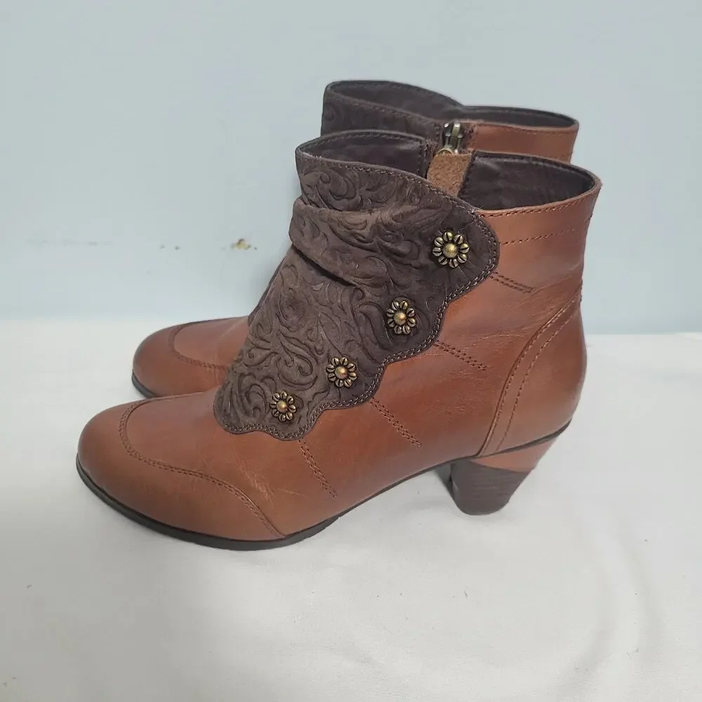L'Artiste Belgard Bootie In Brown Hand Painted Leather & Embossed Suede Size 41 - Picture 2 of 7